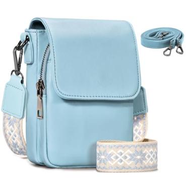 Imagem de GASSDA Bolsas transversais para mulheres, pequenas bolsas transversais, bolsa de couro para celular, carteira com 2 alças ajustáveis, Azul claro