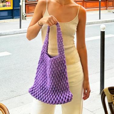 Imagem de Bolsa de malha de corda feita à mão, bolsa de tecido aberto para mulheres, homens, parceiros, passeios diários, viagens, compras, transporte diário, 1 peça, Roxa, Large, Moderno