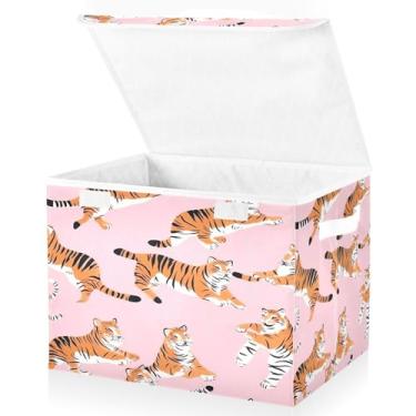 Imagem de Blueangle Cestos de armazenamento divertidos de tigre com tampas, 42 x 32 x 30 cm, grande cesta organizadora dobrável para decoração de casa e escritório (177)