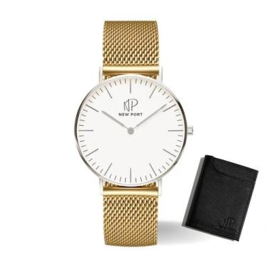 Imagem de Relógio de Pulso Masculino Dourado New Port + Carteira Couro