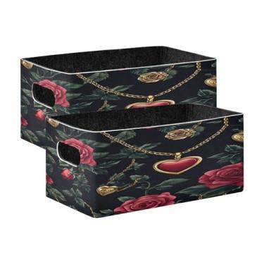 Imagem de xigua Conjunto de 2 caixas de armazenamento de rosas vermelhas, cubo de armazenamento dobrável, organizador de cestas de armazenamento para decoração de casa, prateleiras de livros, armário