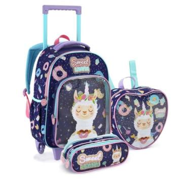 Imagem de Kit Mala Mochila Escolar com Rodinhas, Lancheira Termica e Estojo Dupl