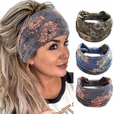 Imagem de Cagora Bandanas Boho Bandeau com nó largo, lenço de cabelo com estampa floral, turbante elástico, tecido elástico, elástico, faixa de cabeça de algodão, acessórios de cabelo grossos para mulheres e meninas, 3 peças (Boho)