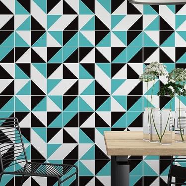 Imagem de Papel de Parede Adesivo Geométrico Triângulos Pretos e Verdes Lavável 3m