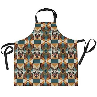 Imagem de KLL Avental plus size tartaruga marinha boémia avental feminino avental de cozinha avental de garçonete com bolsos avental de jardinagem, Padrão xadrez laranja preto e branco, 1 Size