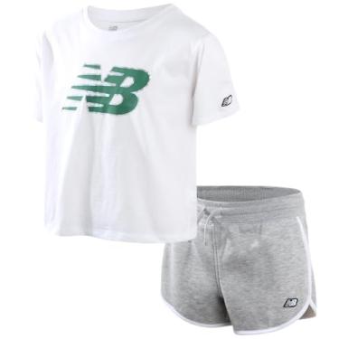 Imagem de New Balance Conjunto de shorts ativos para meninas - camiseta de desempenho de manga curta de 2 peças e shorts de lã (tamanho: 7-16), Branco, cinza, mesclado, 14-16