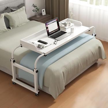 Imagem de Mesa de cama ajustável com rodas, móvel sobre a cama King Queen Laptop para comer na cama com comprimento e altura ajustáveis ​​Mesa de computador, branca, 140 cm