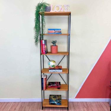 Imagem de Estante Torre Industrial de Ferro e Madeira Slim 6 Prateleiras Nozes e