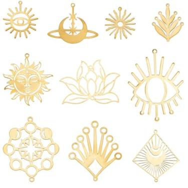 Imagem de SUNNYCLUE 1 caixa, 20 peças, 10 estilos, berloques de elos de latão a granel metal dourado oco, sol, lua, olhos, lótus, 2 furos, elos de conector, berloques para fazer joias, brincos, acessórios de