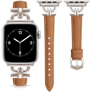 Imagem de Pulseira de couro feminina compatível com Apple Watch séries 11/10/9/8/7/6/5/4/3/2/1/se/Ultra/Ultra 2 (49 mm, 46 mm, 45 mm, 44 mm, 42 mm, marrom claro/luz das estrelas)