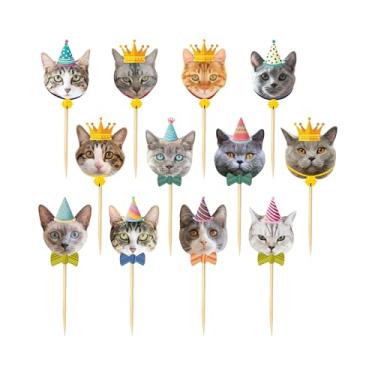 Imagem de TSJ 24 peças de topo de cupcake de gato, enfeites de bolo de rosto de gato, decorações de tema de animais de estimação para palitos de dente para festa chá de bebê