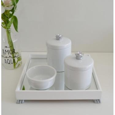 Imagem de Kit Higiene K049 Bandeja MDF Porcelanas Apliques Prata Quarto Bebê - C
