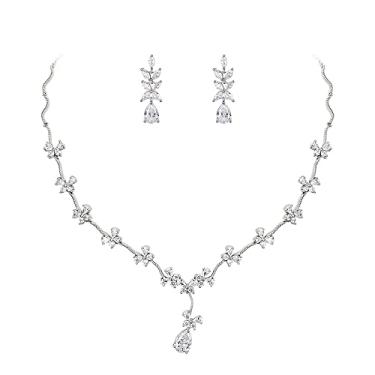 Imagem de Crysdue Conjunto de joias de videira de casamento, colar de gota com elegância de zircônia cúbica brincos pendentes para mulheres, joia de girassol para noiva, Zircônia cúbica, Zircônia cúbica