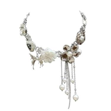 Imagem de Gargantilha feminina com borla de pérola sintética, colar floral de flor branca, colar de borboleta, baile, aniversário, joia de presente, Zinco, Sem Pedra Preciosa