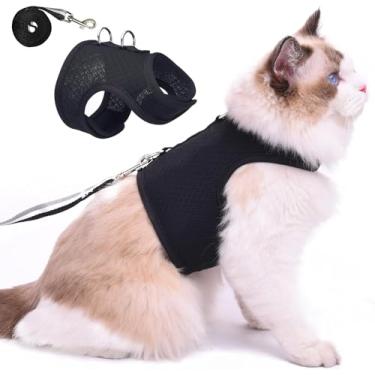 Imagem de Peitoral e guia para gatos para caminhar à prova de fuga, tecido de malha respirável, preto sólido, extra grande, jaquetas ajustáveis para passear com gatos, colete acolchoado e elegante para gatos