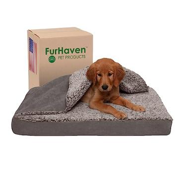 Imagem de Furhaven Cama para animais de estimação de espuma de gel refrescante para cães e gatos - cobertor berber e camurça tapete para cama de cachorro Burrow com capa lavável removível, cinza, médio