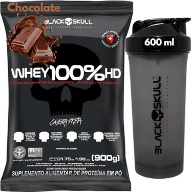 Imagem de Refil Whey Protein 100% Coqueteleira 600ml - Kit Black Skull Whey Isoloado Concentrado Hidrolisado + Shakeira 600ml (Chocolate)