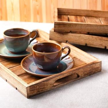 Imagem de Bandejas de madeira de manga com alça, conjunto de 3 travessas, bandejas de aperitivo para servir alimentos, café, frutas, sobremesa, biscoitos nas festas