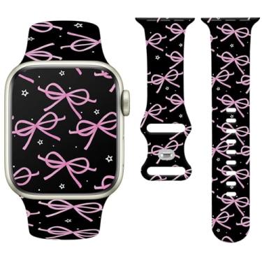 Imagem de Watbro Pulseira de relógio Bowknot compatível com Apple Watch de 38 mm, 40 mm, 41 mm, 42 mm, 44 mm, 45 mm e 49 mm, feminina e masculina, design de pulseira esportiva fofa de silicone macio para Apple