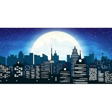 Imagem de CORFOTO 6 x 3 m, cenário de desenho animado super cidade para artigos de festa temática de super-heróis, decoração urbana, noite, lua, cidade, prédios, horizonte, faixa de aniversário para crianças,