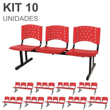 Imagem de Kit 10 Cadeiras longarinas plásticas 03 Lugares - Cor vermelho - realplast - 23071
