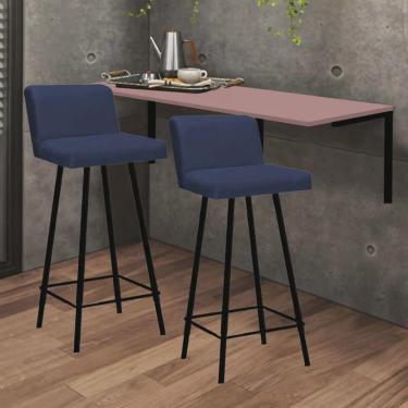 Imagem de Kit Mesa Suspensa de Parede Fixa mdf Rosa + 2 Banquetas Lexi Ferro Preto Corino Azul Marinho - Ahazzo Móveis