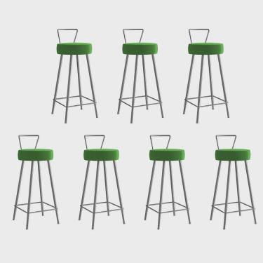 Imagem de Kit 07 Banqueta Alta Com Encosto Tais Eiffel Cozinha Bar Bistrô Ferro Prata Sintético Verde - Ahz Móveis