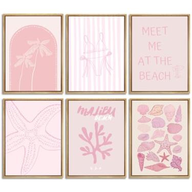 Imagem de 6 peças de arte de parede rosa costeira preppy praia neta pintura estética quarto quadro decoração de parede conchas ostra estrela do mar impressão arte para quarto de meninas meninas dormitório