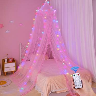 Imagem de Unicorn Castle Dossel De Cama Para Meninas Com Temporizador Remoto, Cortinas Respiráveis 8 Modos, Luzes Led, Rede Decoração Quarto Meninas, Rosa