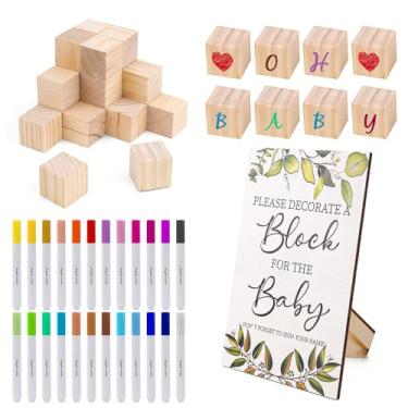 Imagem de PEUTIER 75pcs Baby Wooden Shower Games Kit, 50 DIY Baby Unfinished Shower Block with Game Sign 24 Acrylic Paint Marker Baby Cubes Crafts Game Prizes for Guests Party Decoration