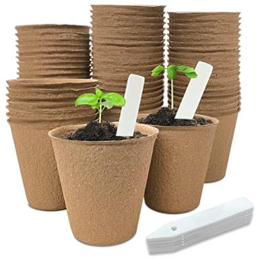 Imagem de 40 unidades de vasos de turfa de 8,8 cm, kit de iniciação de mudas de plantas redondas biodegradáveis ecologicamente corretas, bandejas de germinação de sementes com 10 etiquetas de plantas para mudas de tomate e vegetais e germinação de sementes de ervas