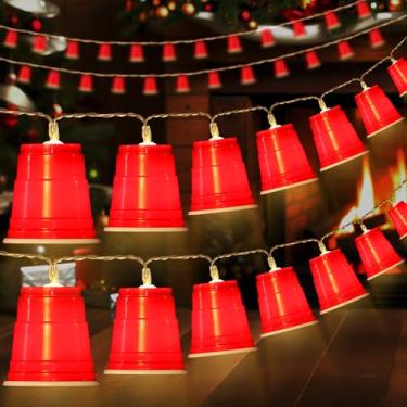 Imagem de Hiboom Pacote com 2 lâmpadas vermelhas de 16,4 m, 30 LEDs, cordão de luzes vermelhas, decorações de festa de lixo branco, mini copos de shot a pilhas, luz de fada para casa, bar, clubes, artigos de