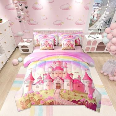 Imagem de Conjunto de edredom castelo de desenho animado de 7 peças, tamanho casal, lindo conjunto de cama com nuvens de arco-íris para crianças, estampa de castelo de princesa (edredom + lençol de cima + 2