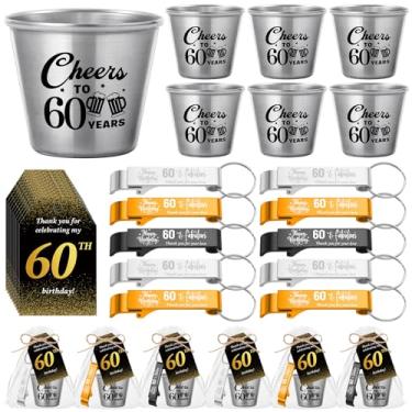 Imagem de Domensi 30 conjuntos de lembrancinhas de festa de aniversário de 60 anos para convidados a granel incluem Cheers to 60 Years Copos curtos abridor de garrafas de cerveja chaveiros cartões de