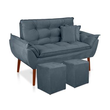 Imagem de kit 01 Namoradeira Opala  02 lugares + 02 Puff  quadrado  + 02 Almofadas Suede  Azul Turquesa Sala, Salão, recepção, quarto 