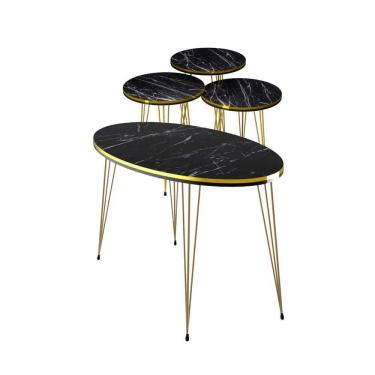 Imagem de Conjunto De Mesa De Centro 4 Peças - Mármore Preto Com Dourado