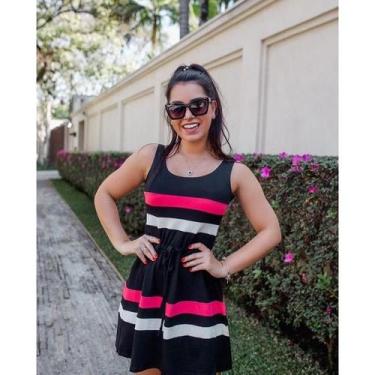 Imagem de Vestido Feminino Básico Listrado Casual Midi Adulto Manga Regata - NoB