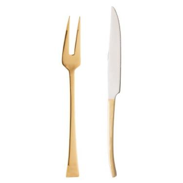 Imagem de Conjunto 2pç Faca e Garfo para assado de aço inox Berna dourado Wolff 