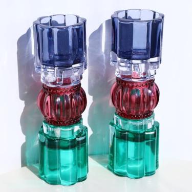 Imagem de VOHO Castiçal Tealight Jazzy Glass Mix, Castiçais votivos altos modernos para decoração de casa, par de luzes de chá caneladas, suporte de vela, decoração de mesa de centro de mesa (20 x 7 cm W/A