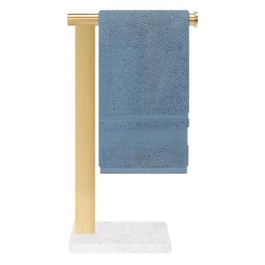 Imagem de Suporte de toalha de mão em forma de L de aço inoxidável, toalheiro de banheiro SUS304 com base espessa para penteadeira de bancada (ouro, base quadrada)