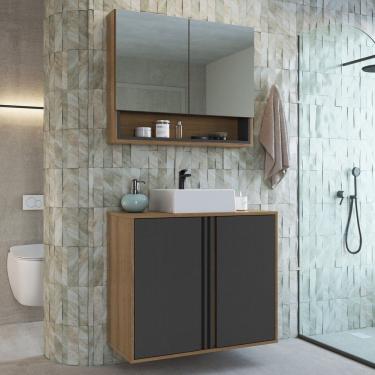 Imagem de Gabinete de Banheiro 80cm com Espelheira 2 Portas e Cuba Antônia Mel/Grafite