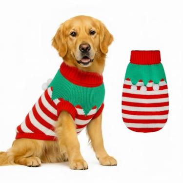 Imagem de Suéter de malha para cães pequenos a grandes, meninos e meninas, suéteres clássicos de Natal para cães de gola rolê, roupas quentes e macias para animais de estimação para o inverno (listras de Papai