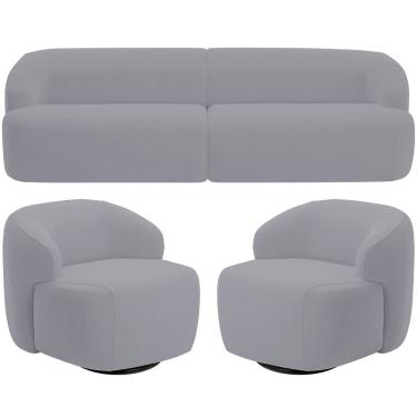 Imagem de Sofá 3 Lugares Curvo Orgânico com 02 Poltronas Para Sala Living 220cm Barolo L06 Veludo Cinza - Lyam Decor