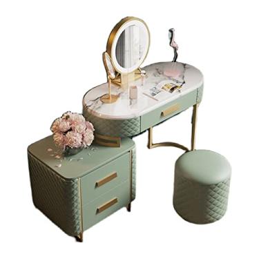 Imagem de Mesa de penteadeira moderna verde com 3 gavetas, armário de mármore, armário de armazenamento, quarto, apartamento pequeno, mesa de maquiagem simples, armário lateral espelhado verde com moldura de