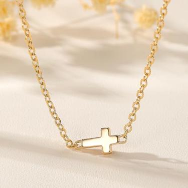 Imagem de Colar de cruz lateral para mulheres - pingente de aço inoxidável Jesus Cristão prata/gargantilha delicada ouro rosa, colar de batismo, joias personalizadas para presentes de aniversário, 6 8 10 12mm