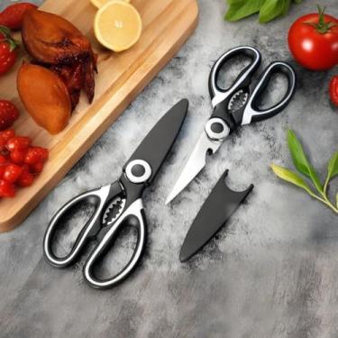 Imagem de 2 tesouras de aço inoxidável resistentes: ideal para cortar carne, peixe e outros itens, lava-louças - segura (preto + branco)