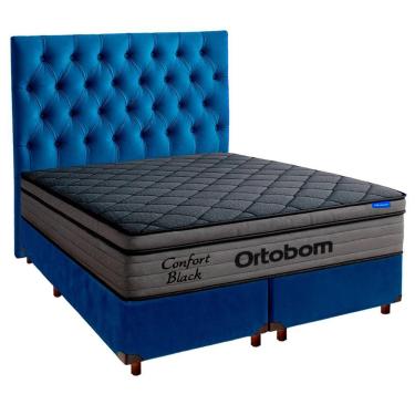 Imagem de Cama Box Azul+cabeceira+colchão Casal Confort Black Ortobom
