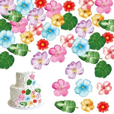 Imagem de 72 peças de flores comestíveis do Havaí para bolo de casamento e cupcake, papel wafer, folhas verdes, flores coloridas, série havaiana, palitos de tema para chá de bebê, decoração de festa de