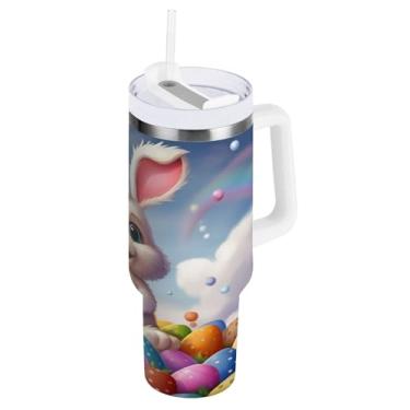 Imagem de ATTX Copo de coelho da Páscoa de 1,134 g com alça, copo de aço inoxidável a vácuo de parede dupla com palha, caneca de café de viagem isolada #458