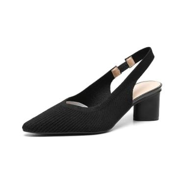 Imagem de AIVYFAJA Sandália feminina de malha de bico fino com tiras elásticas e costas nuas, salto grosso, confortável, casual, sem cadarço, para festa, trabalho formal, Preto, 38